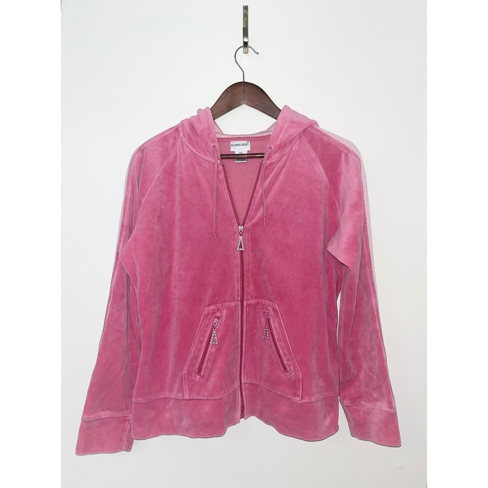 FASHION BUG Velour Track Suit Y2K 2000s Zip Up Jacket Hoodie Embellished Pockets